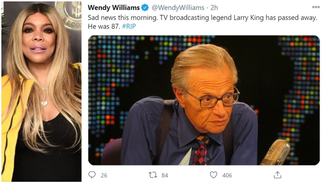 La famosa presentadora
<b>Wendy Williams</b> utilizó su cuenta de Twitter para compartir la información: "Tristes noticias esta mañana. La leyenda de la radiodifusión televisiva Larry King falleció. Tenía 87 años. Descanse en paz".
<br>