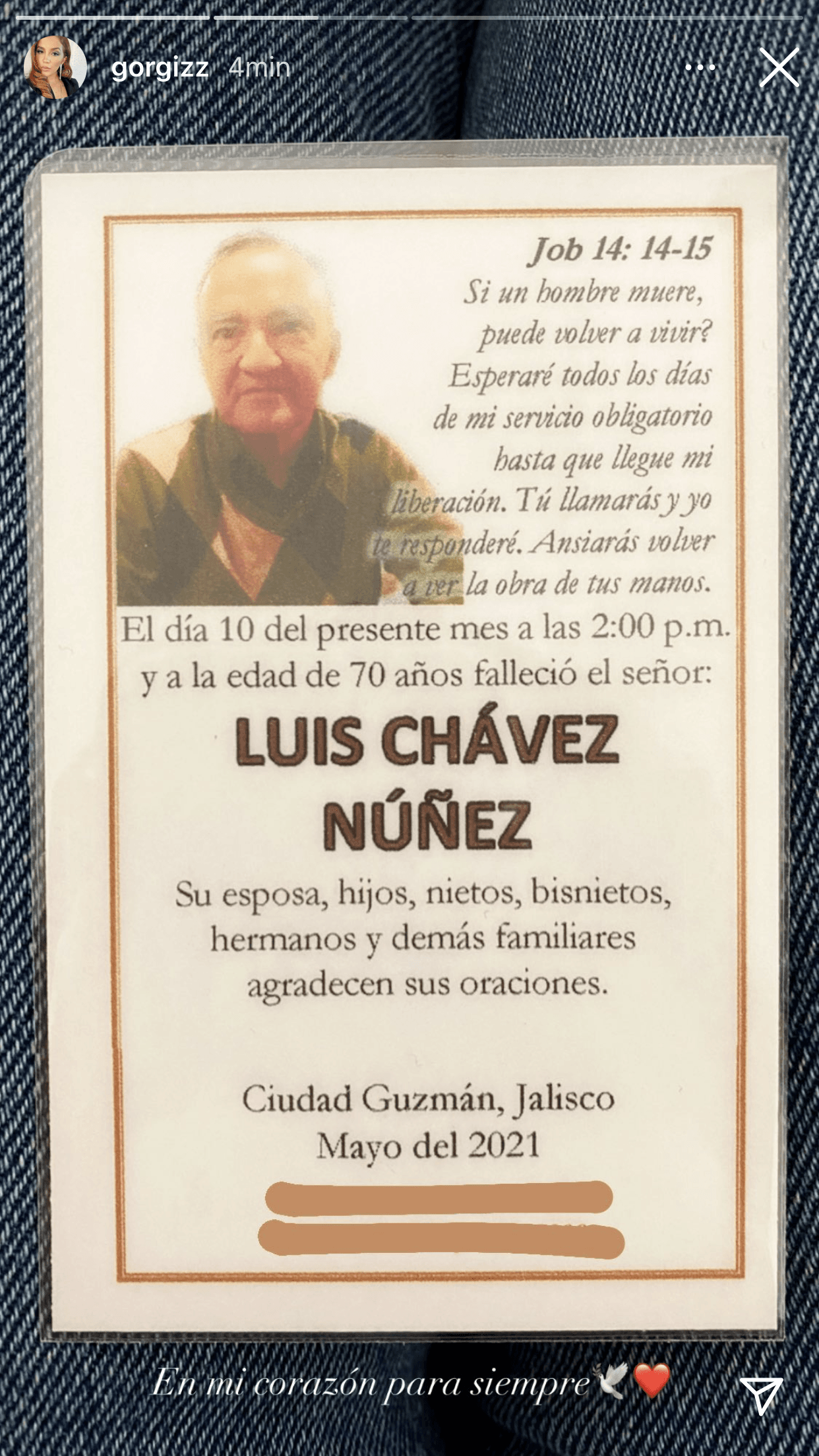 "Como siempre dijiste: 'No queda de otra, mija'. Te prometo cuidar a mi madrecita y seguir siendo la mujer fuerte, respetuosa y trabajadora que criaron".
<br>