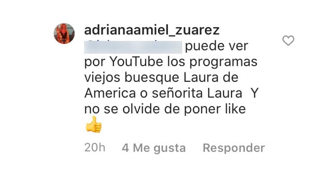 "Puede ver por YouTube los programas viejos", respondió Amiel, "busque 'Laura en América' o 'señorita Laura' y no se olvide de ponerle 'like'". 
<br>