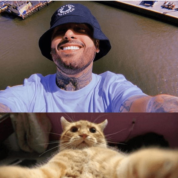 ¿O qué tal esta otra? El intérprete de 'Perro fiel' decidió copiar la pose de este felino, que se hizo viral por supuestamente tomarse una selfie.