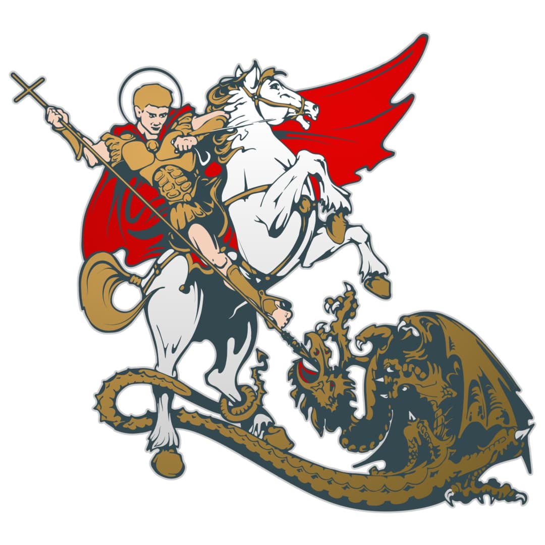 La princesa aceptó su destino y fue al lago a esperar al monstruo. Fue cuando se encontró con Jorge, quien ya era un militar de alto rango y pasaba por el pueblo. Él la encontró desconsolada y le pidió que le explicara la situación. En ese momento, el dragón apareció y Jorge, jurando proteger a la chica, se encomendó a Dios y luchó contra el monstruo.