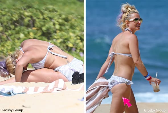 Con tal de borrar de su cuerpecito la celulitis, Britney Spears hace de todo. Los paparazzi la captaron haciendo yoga en la playa.