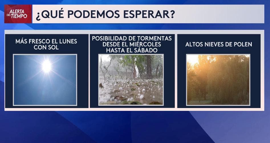Nelly indica que tendremos un lunes fresco y soleado. De miércoles a sábado habrá riesgo de tormentas, y 
<b>atención a las personas alérgicas: los niveles de polen serán altos.</b>