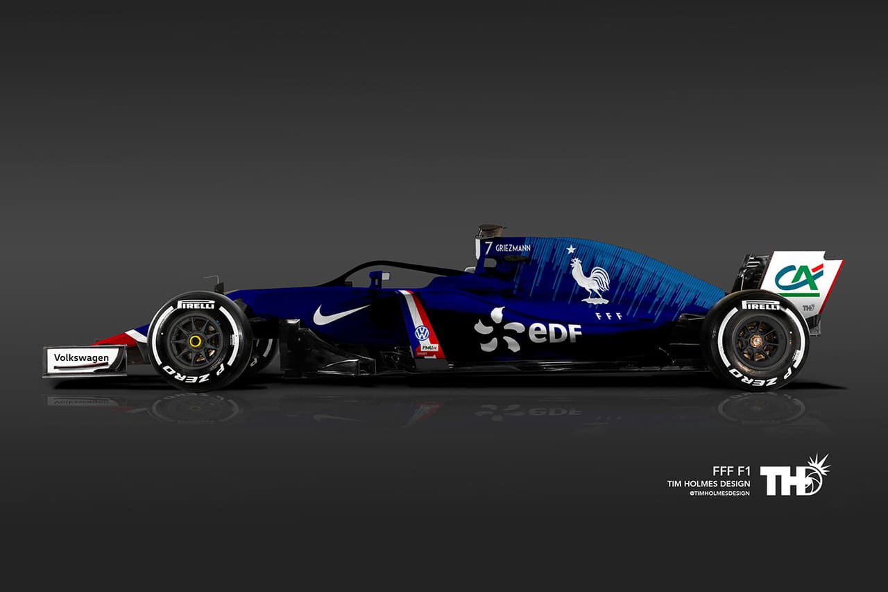 <b>Francia</b>
<br>El color azul domina en este auto que retoma el logotipo de la Federación Francesa de Fútbol (FFF) integrado por la figura del gallo galo, considerado como símbolo nacional de esa nación.
<br>Jugador: N° 7 Antoine Griezmann (delantero)