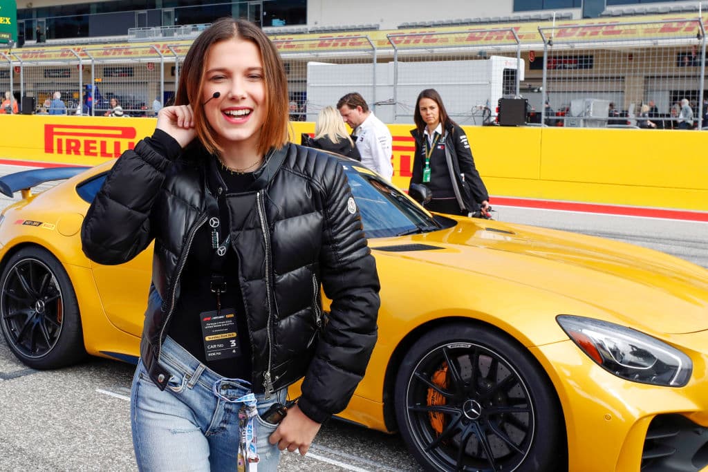 AUSTIN, TX - OCTOBER 21: Actress Millie Bobby Brown poses for a photo before the Pirelli Hotlaps before the United States Formula One Grand Prix at Circuit of The Americas on October 21, 2018 in Austin, United States. (Photo by Getty Images)