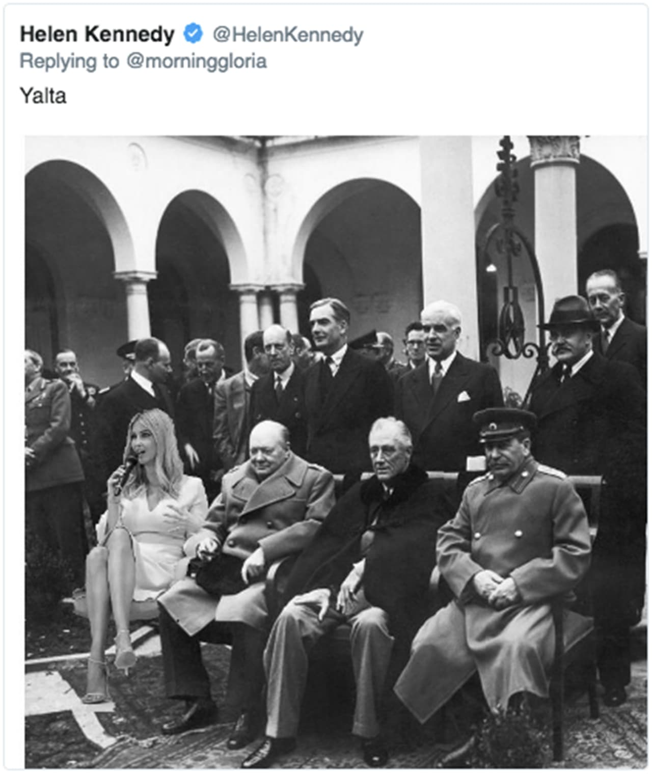 La conferencia de Yalta, de febrero de 1945 (poco antes del fin de la Segunda Guerra Mundial), en la que asistieron el líder soviético Iósif Stalin, el presidente estadounidense Franklin Roosevelt y el primer ministro británico Winston Churchill. / Crédito: 
<a href="https://twitter.com/HelenKennedy/status/1145406189443985408" target="_blank">@HelenKennedy/Twitter </a>
<br>
<br>
<br>