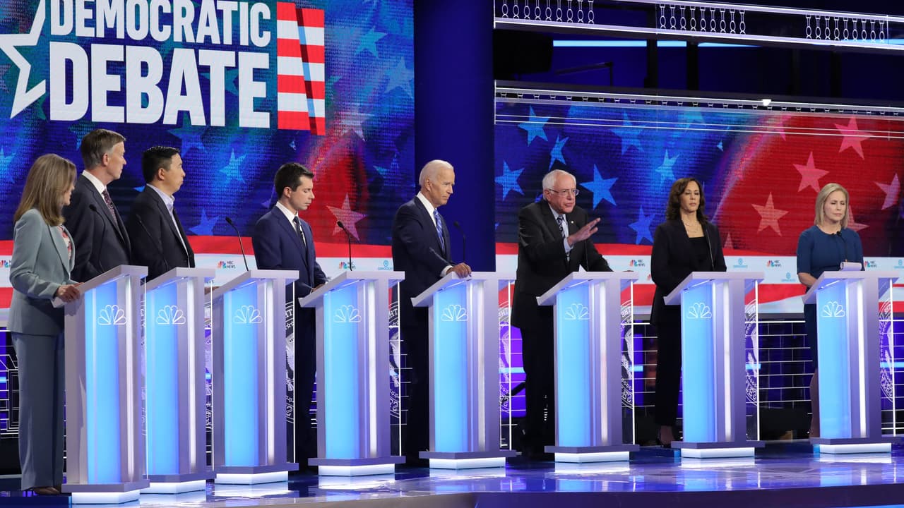 Democratic presidential candidates take part in the second night of the first Democratic presidential debate in Miami, Florida, on June 27, 2019.