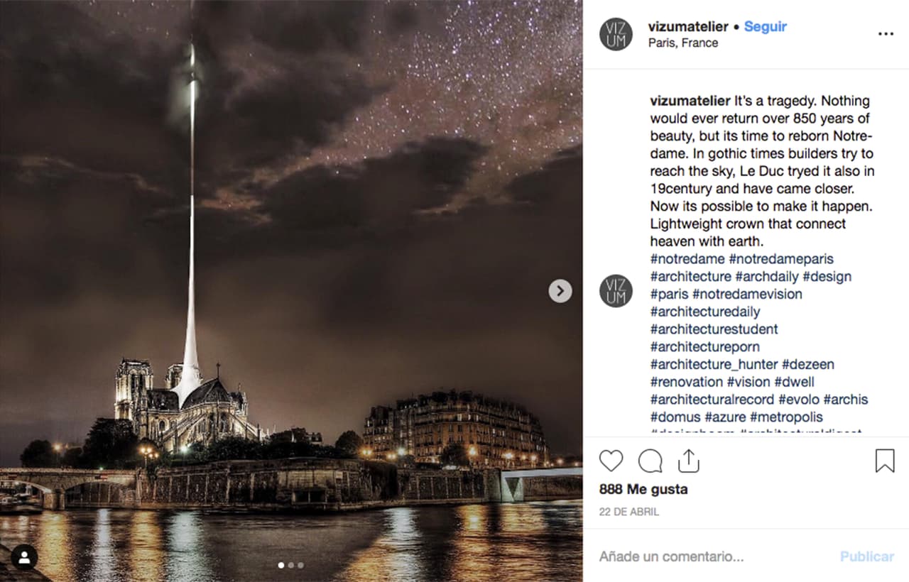 <b>Una aguja de luz que llegue al cielo, literalmente. </b>“En tiempos góticos, los constructores intentan alcanzar el cielo, Le Duc lo intentó también en el siglo 19 y se ha acercado. Ahora es posible hacerlo realidad” 
<a href="https://www.instagram.com/p/Bwj58KaDDBg/?utm_source=ig_web_copy_link" target="_blank">se lee en la publicación</a> de Vizum Atelier en Instagram.