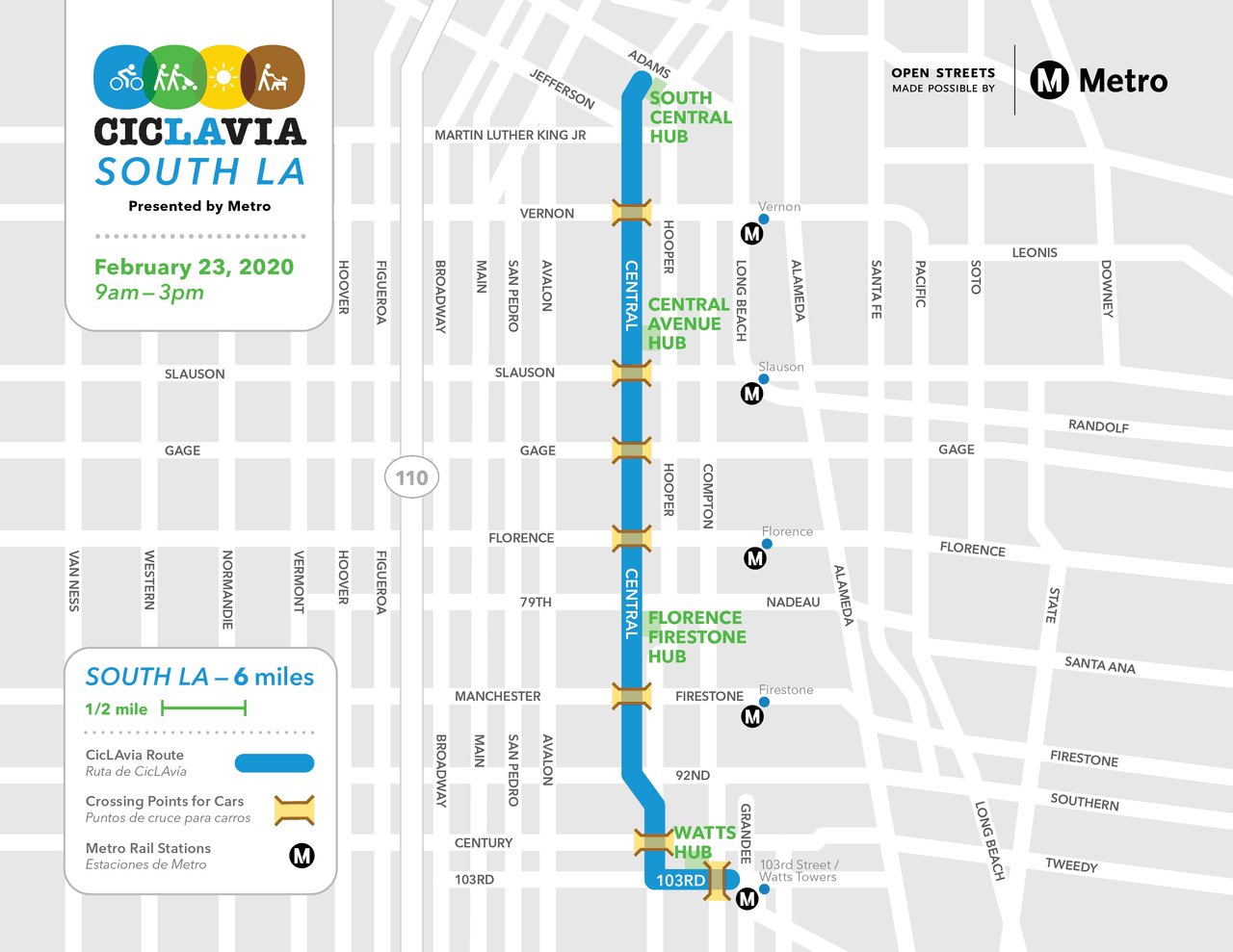Mapa de la ruta del festival CicLAVia en el sur de Los Ángeles, 23 de febrero 2020.