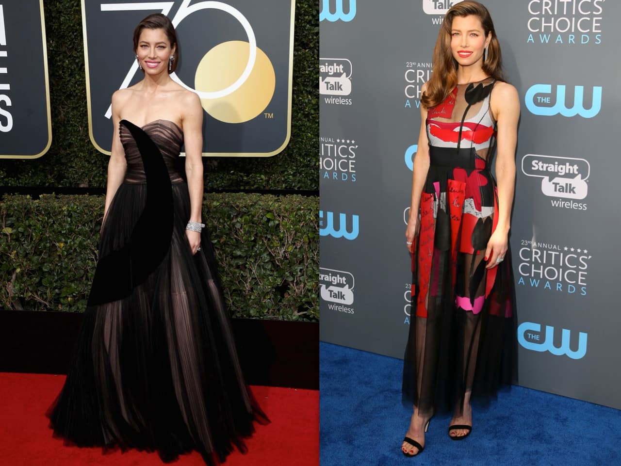 Jessica Biel lució más sencilla para el evento: se dejó el cabello suelto y usó, como en los Golden Globe, un vestido con transparencias del diseñador Oscar de la Renta.