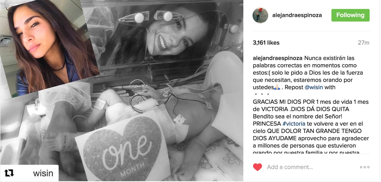 Alejandra Espinoza envió sus oraciones y fuerza para superar lo que durante estas semanas no quisimos que sucediera con la pequeña Victoria.