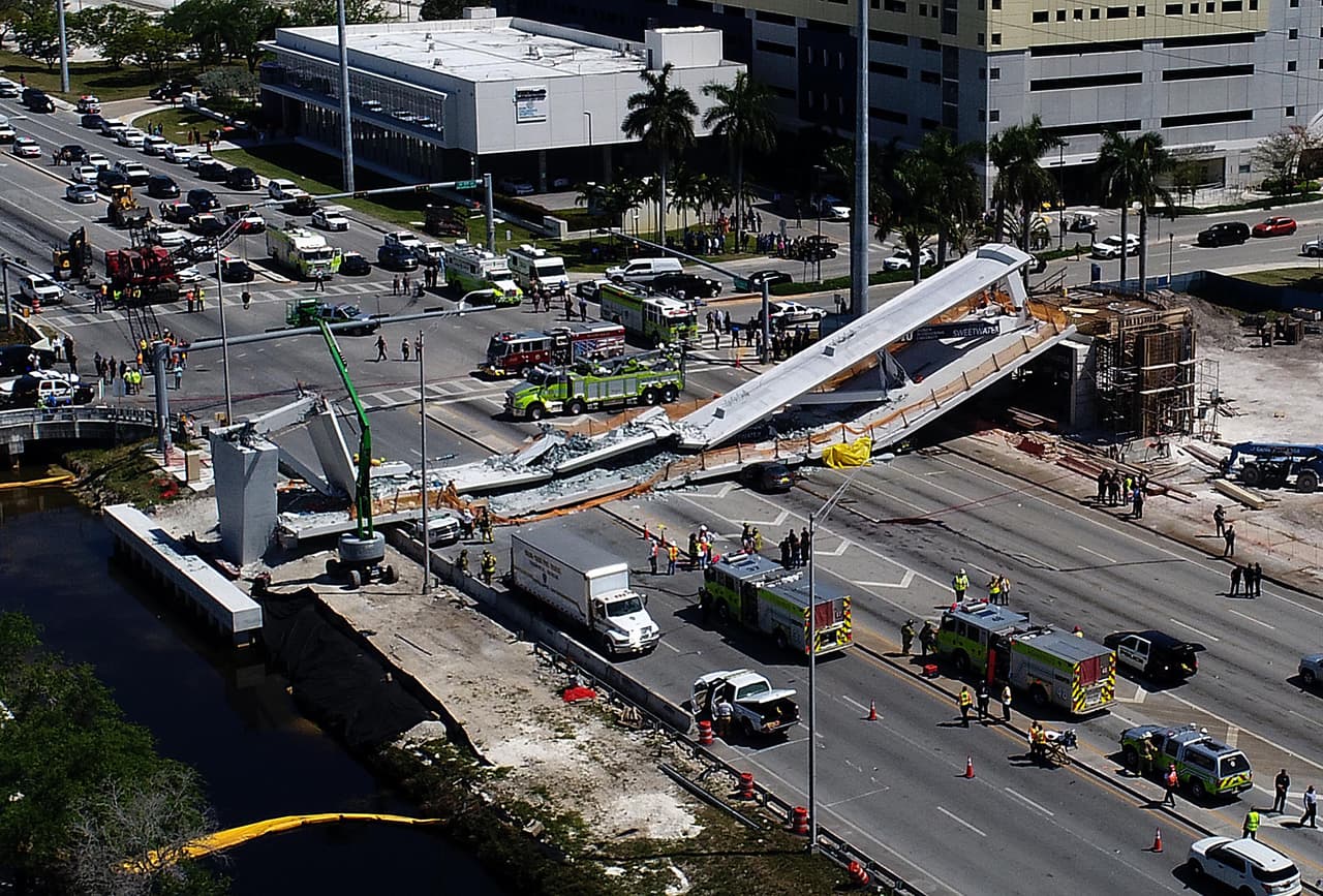 View of the main span of the FIU-Sweetwater UniversityCity Bridge after collapsing five days after been installed over SW 8 Street-State Road 41 on Thursday, March 15, 2018. (Pedro Portal/Miami Herald/TNS via Getty Images)