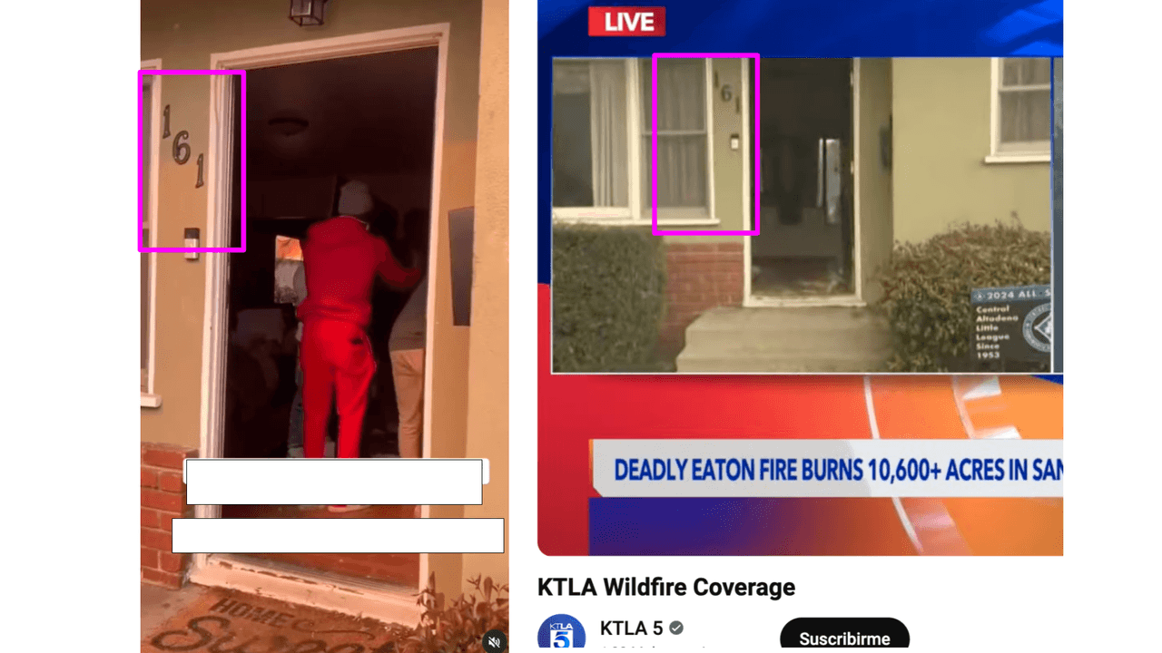Foto 3. Del lado derecho se ve el número de la casa en el video viral, del lado izquierdo aparece el número en el reporte de KTLA 5.