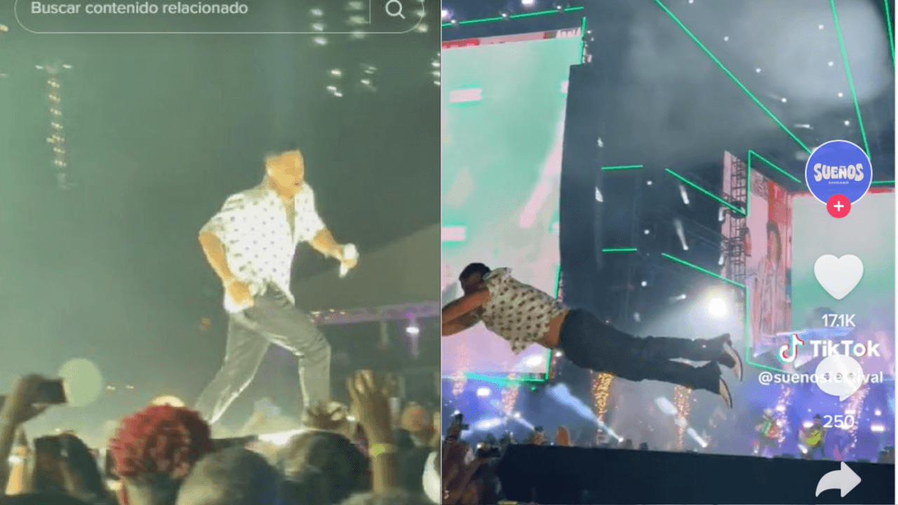 Eduin Caz y Grupo Firme se presentaron en Chicago, de la emoción, el vocalista de la agrupación se lanzó al público, pero nadie lo recibió y cayó al piso.