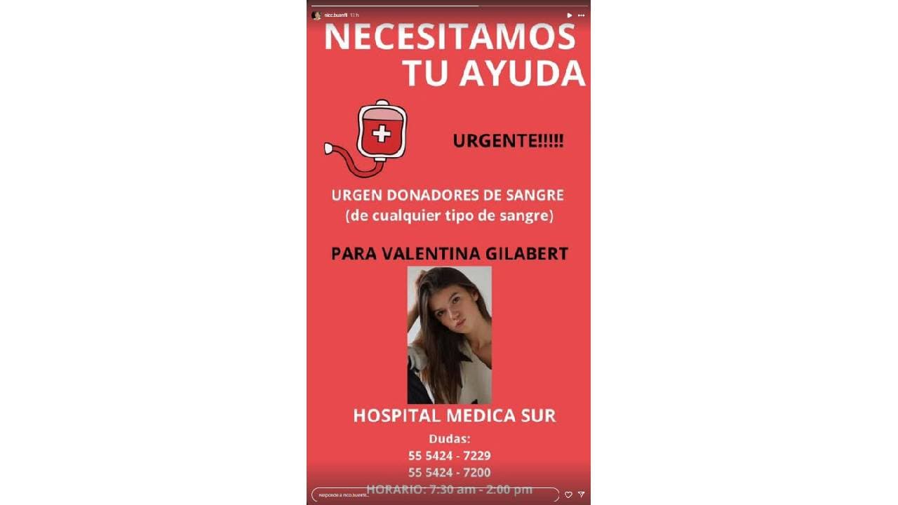 Nicolás Buenfil ayuda a difudir que se solicitan donadores de sangre para la modelo Valentina Gilabert.