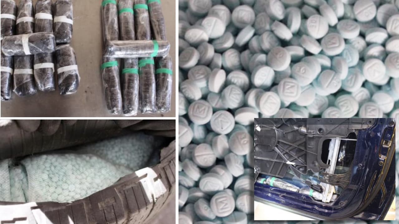 Oficiales de CBP en el puerto de entrada de Nogales incautaron más de 391,000 pastillas de fentanilo y 9.85 libras de metanfetaminas ocultas en las puertas y la llanta de refacción de un vehículo.