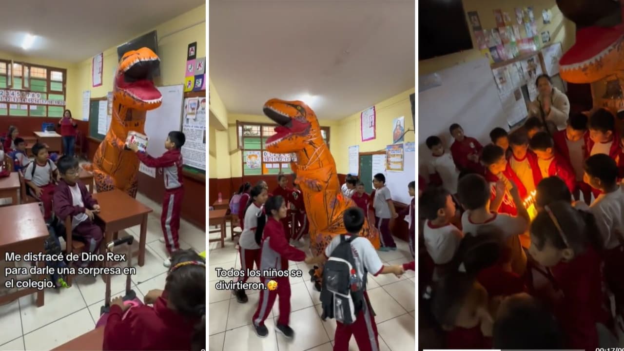 Papá se viste de dinosaurio y sorprende a su hijo en la escuela para celebrar su cumpleaños