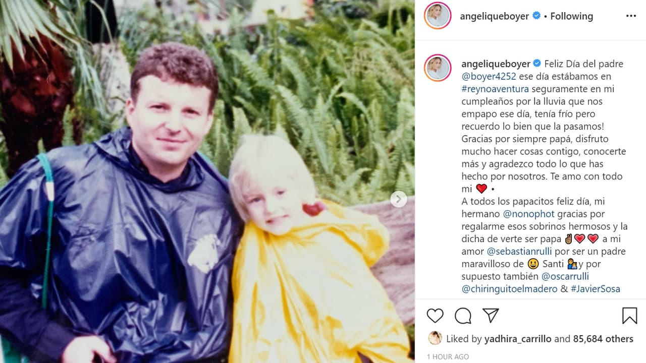 <b><a href="https://www.univision.com/famosos/sebastian-rulli-y-angelique-boyer-coinciden-sobre-la-telenovela-que-los-marco-aunque-no-por-la-razon-que-crees-video" target="_blank">Angelique Boyer</a></b> recordó con 
<b><a href="https://www.instagram.com/p/CBtA8sCAKcH/" target="_blank">esta foto</a></b> a su papá en un día en que visitaron el desaparecido parque de diversiones Reino Aventura en la Ciudad de México: "La lluvia que nos empapó ese día, tenía frío, ¡pero recuerdo lo bien que la pasamos! Gracias por siempre papá, disfruto mucho hacer cosas contigo, conocerte más y agradezco todo lo que has hecho por nosotros. Te amo con todo mi corazón".