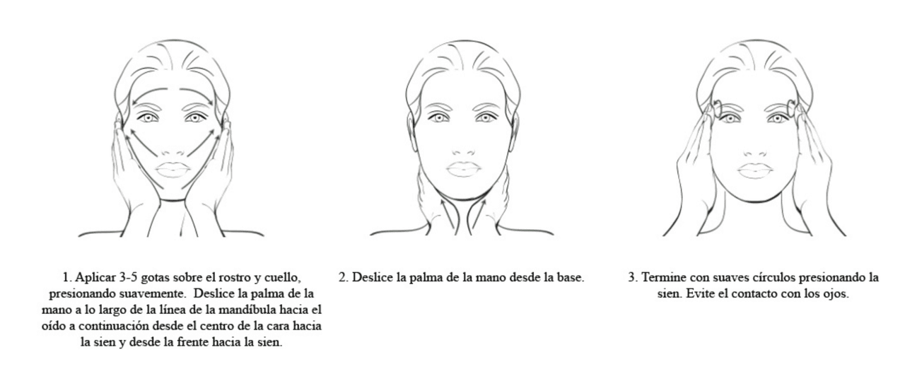 Se deben de aplicar de tres a cinco gotas con las yemas de los dedos en movimientos suaves del centro de la cara hacia los lados y hacia arriba. Esto se puede hacer después de haber puesto el suero, pero antes de aplicar el hidratante. En el cuerpo se debe de aplicar como cualquier crema hidrante sobre la piel seca y en el pelo puede ser de dos maneras: sobre el cabello seco, con unas gotas sólo por las puntas para aportar brillo y un acabado perfecto. Sobre el pelo mojado, puedes usar más cantidad, aunque siempre evitando las raíces.