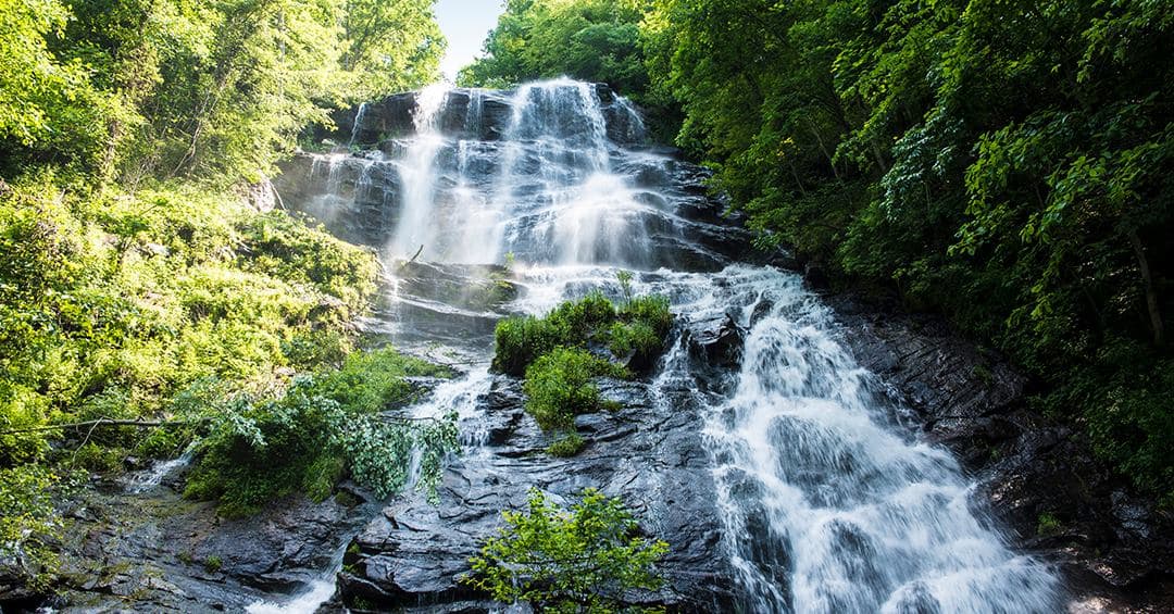 Amicalola, que significa en Cherokee "aguas turbulentas", cuenta con siete cascadas en el Parque Estatal Amicalola Falls. Con 729 pies, es la cascada más alta del estado. Ubicado en las montañas del noreste de Georgia al norte de Dawsonville, el parque y las cataratas son un destino familiar perfecto para la aventura. Planea pasar el día recorriendo los senderos cerca de las cascadas, que van desde viajes cortos hasta un sendero de aproximación de ocho millas que te llevará a Springer Mountain, el extremo sur del sendero de los Apalaches.