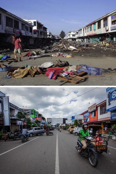 Un hombre camina en medio de cuerpos y escombros lanzados alrededor por un tsunami. La imagen de abajo fue tomada el 10 de diciembre de este año, en la misma calle que ahora refleja el ritmo de vida que llevan los pobladores de Banda Aceh 10 años después.