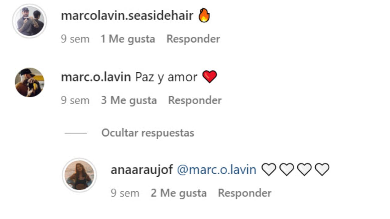 En la publicación en la que se dejó ver con Marco Lavin, él le dejó estos mensajes y ella le respondió con varios corazones.
