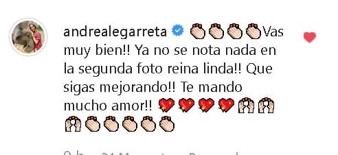 "¡Vas muy bien! ¡
<b>Ya no se nota nada</b> en la segunda foto, reina linda! ¡Qué sigas mejorando! ¡Te mando mucho amor!", le escribió 
<b><a href="https://www.univision.com/famosos/en-sus-vacaciones-andrea-legarreta-guardo-las-sonrisas-para-instagram-mira-las-otras-fotos-fotos" target="_blank">Andrea Legarreta. </a></b>
<br>