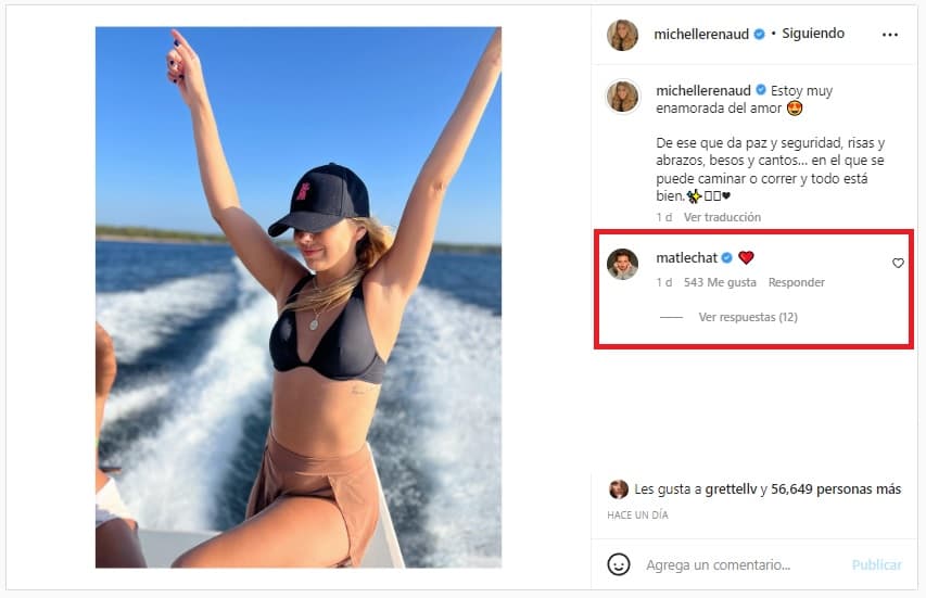 “Estoy muy enamorada del amor, de ese que da paz y seguridad, risas y abrazos, besos y cantos…”, es parte de lo que ella escribió y a lo que el actor reaccionó con un emoji de corazón rojo. 
<br>
