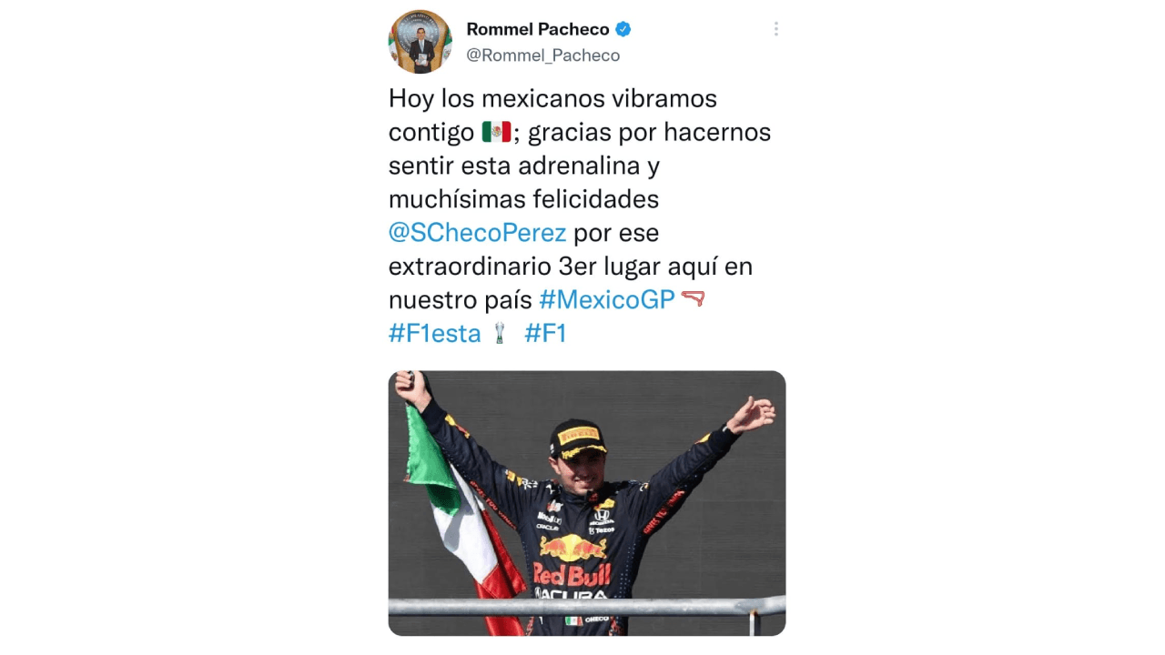 Las redes sociales se inundan de felicitaciones por el tercer lugar obtenido por el piloto mexicano Sergio Pérez, durante el Gran Premio de México de la Formula 1.