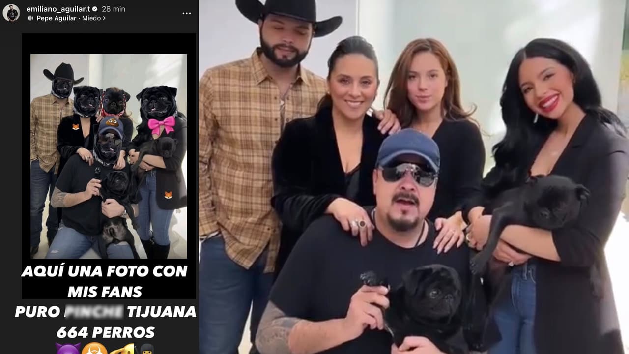 De lado izquierdo, la foto editada que Emiliano Aguilar publicó de su padre con su actual familia. De lado derecho aparece la imagen original de los Aguilar publicada en Instagram en diciembre de 2022.