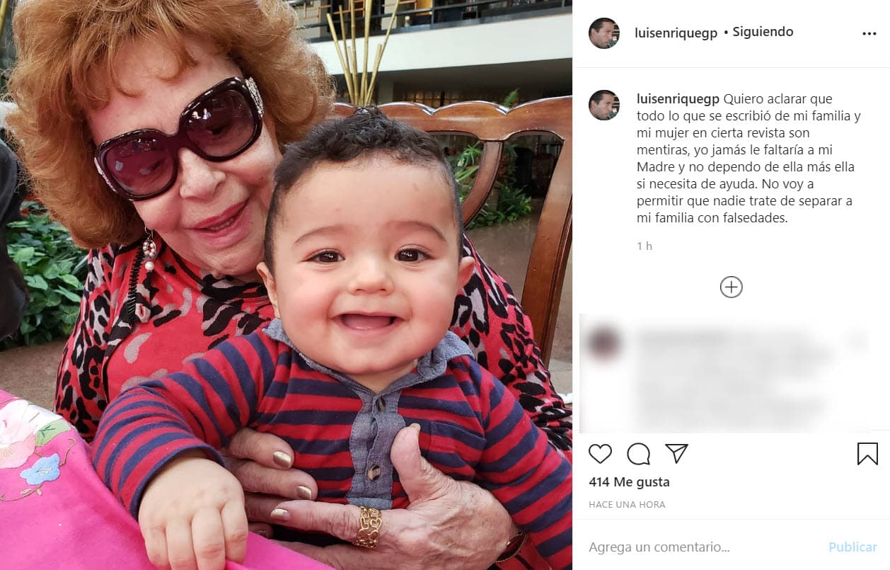 Con esta imagen de su madre y su hijo dijo: "Quiero aclarar que todo lo que se escribió de mi familia y mi mujer en cierta revista son mentiras, 
<b>yo jamás le faltaría a mi madre</b> y no dependo de ella más ella si necesita de ayuda", se lee en la cuenta de Luis Enrique Guzmán de Instagram.
<br>