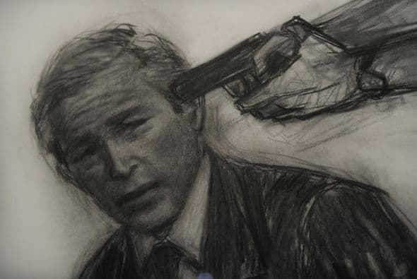 De acuerdo con Vicente, la serie arrancó en 2005 con el retrato de Bush, que aparece arrodillado y con las manos atadas a la espalda, mientras el artista le apunta una pistola a la cabeza.