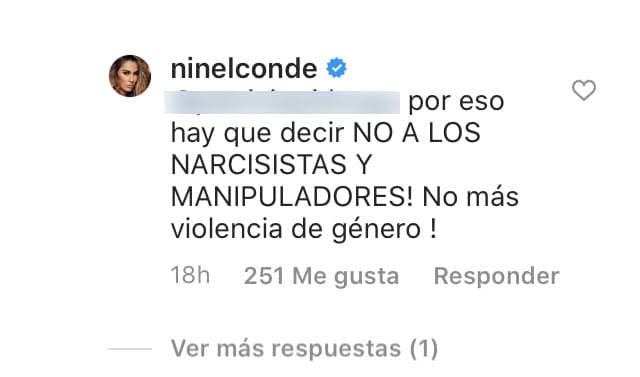 "Hay que decir 
<b><a href="https://www.univision.com/famosos/esta-celoso-ninel-conde-cree-que-giovanni-medina-le-impide-ver-a-emmanuel-porque-sospecha-que-ella-tiene-novio" target="_blank">'no' a los narcisistas y manipuladores</a></b>. ¡No más violencia de género!", respondió. 
<br>