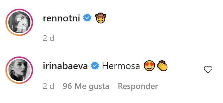 Entre ellos el de su colega Irina Baeva, que sin hacer mención de que usaban la misma prenda escribió: "Hermosa".
<br>