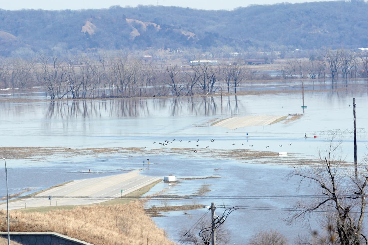 Los gansos vuelan por encima de la carretera 34 cerca de Platteview, Nebraska, el sábado 16 de marzo de 2019, mientras las inundaciones del río Missouri cubren la carretera y las tierras de cultivo circundantes.