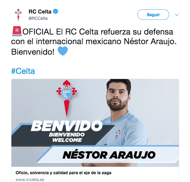 Este es el mensaje que difundió el equipo gallego para anunciar con bombo y platillo la llegada del defensa nacido en Guadalajara.