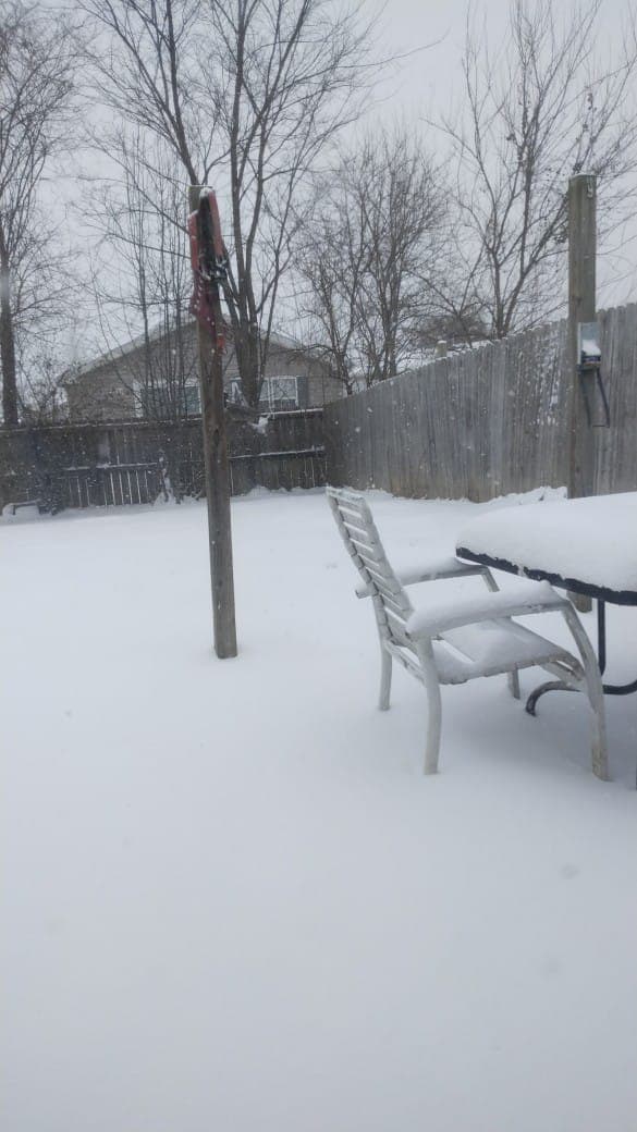 ¿Puedes encontrar la silla? La nieve, junto con los objetos que están fuera de casa, ya parecen uno solo.