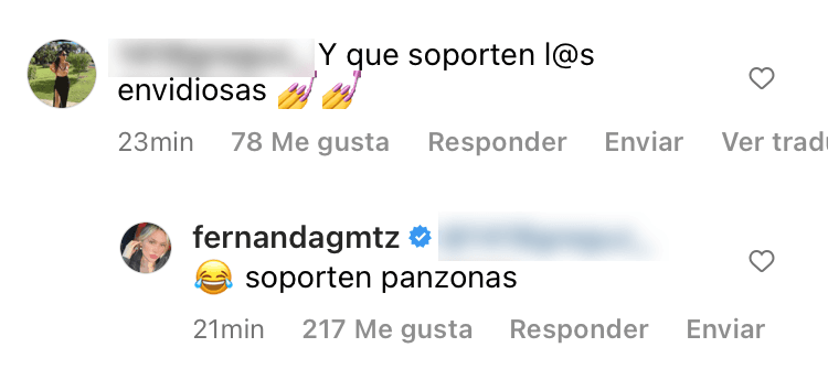 La esposa de Saúl Álvarez no dudó en responder: 
<b>"Soporten panzonas" </b>y agregó un emoticono de carcajadas.
<br>