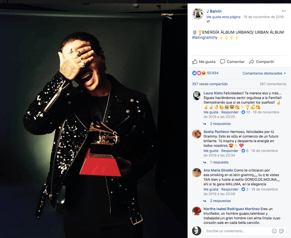 Con esta gran expresión fue como J Balvin compartió con sus fans la alegría de llevarse a casa el galardón.