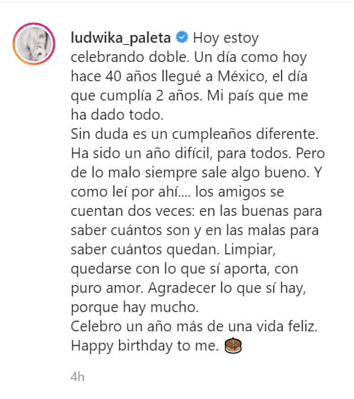 "Limpiar, quedarse con lo que sí aporta, con puro amor. Agradecer lo que sí hay, porque hay mucho. Celebro un año más de una vida feliz", finalizó.
<br>