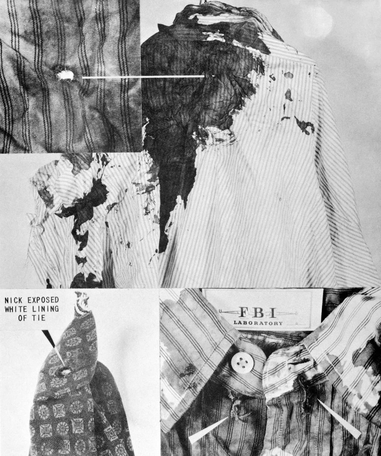 Detalles de las ropas que llevaba el presidente Kennedy cuando fue asesinado, parte de las evidencias del caso. De los tres disparos del magnicida, el primero falló, ni si quiera atinó al coche donde venía el primer mandatario.
