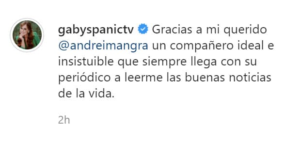 "Gracias a mi querido Andrei Mangra, un compañero ideal e insistuible que siempre llega con su periódico a leerme las buenas noticias de la vida", escribió la actriz.
<br>
