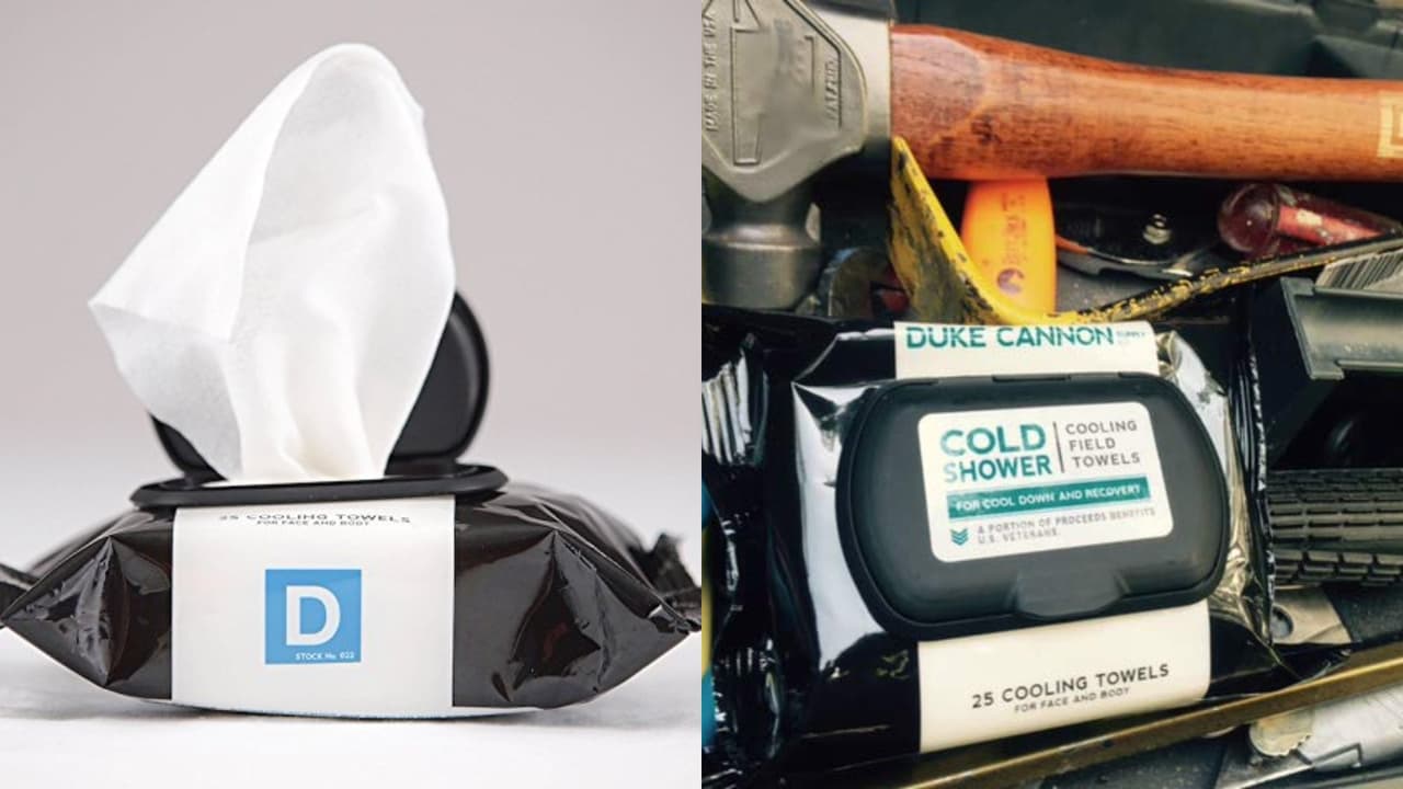 1. 
<a href="https://dukecannon.com/products/cold-shower-cooling-field-towels" target="_blank">Toallitas húmedas</a> Duke Cannon con mentol, aloe y jojoba. 
<b>Precio: $10 </b>
<br>Si no te dio tiempo ni de bañarte, la solución inmediata son las toallitas húmedas. Mejor si son de hombre porque remueven mugre, olor y sudor. 
<br>
<br>
<br>