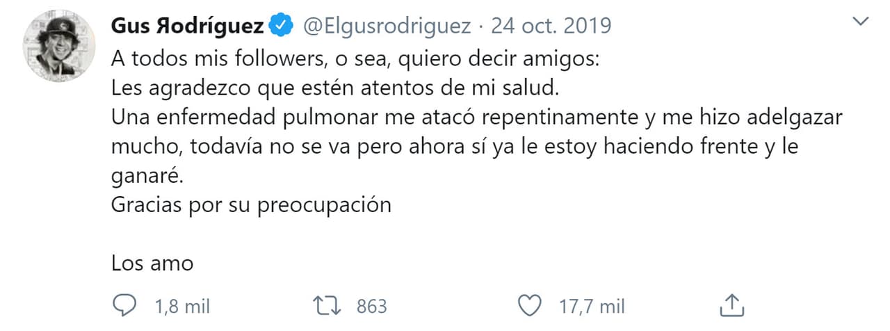 La causa del fallecimiento se desconoce, pero Gustavo Rodríguez informó en octubre de 2019 que 
<b>padecía "una enfermedad pulmonar"</b>, situación que lo llevó a perder peso.
<br>