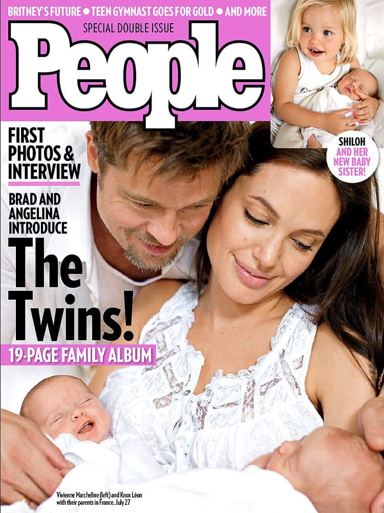 August 2008. According to the
<b><a href="http://www.nydailynews.com/entertainment/gossip/people-pay-14-million-brad-pitt-angelina-jolie-baby-photos-report-article-1.317460">Associated Press</a></b>, the couple received US$14 million for the covers with their fraternal twins.