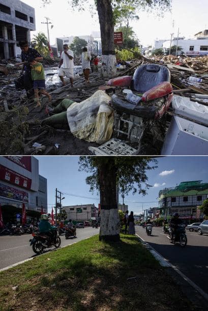 Así lucía una de las calles de Indonesia, con las llena de escombros y cadáveres.