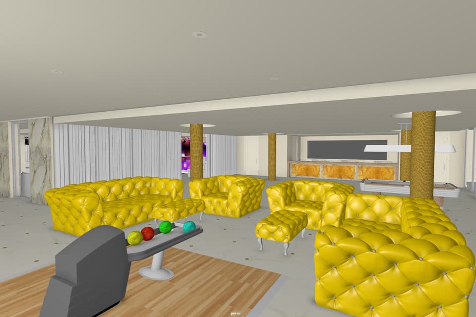 Y cuenta con un acuario empotrado de mil 300 galones de agua.