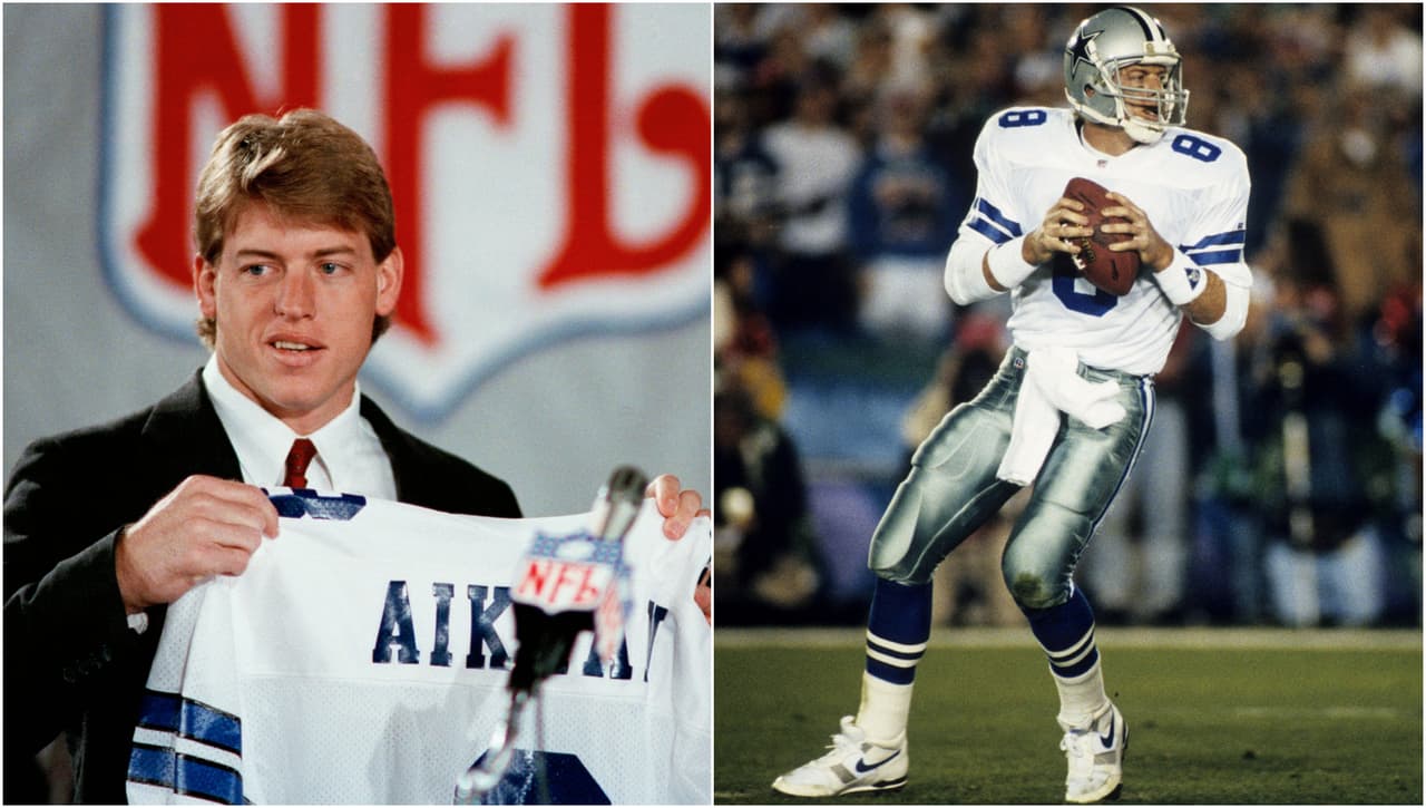 <b>#4 TROY AIKMAN</b> | QB, Dallas Cowboys – 1989 
<br>Fue la primera selección del draft de Jimmy Johnson y Jerry Jones. Después de comenzar su carrera con 11 derrotas consecutivas, Aikman finalmente ganaría tres Super Bowls. También registró un récord de 11-5 en playoffs durante su carrera. Muchos expertos en la liga lo consideran el lanzador más preciso que jamás hayan visto. ¿Su liderazgo? Fuera de serie.