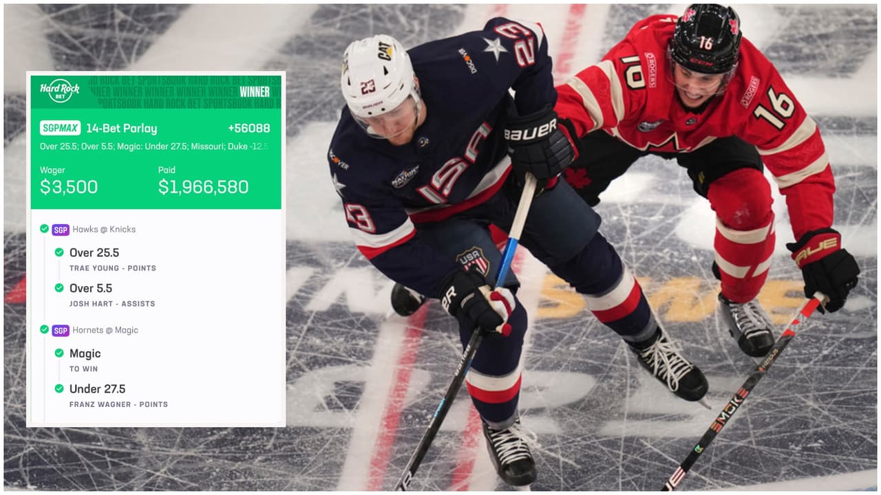 <h2 class="cms-H2-H2">3.- Anónimo (Apuesta: $3,500 | Ganancia: $1,966,580) - 2025, NBA y Hockey</h2>
<br>El 12 de febrero, una persona anónima de Orlando ganó una 
<a href="https://www.hardrock.bet/news/bettor-hits-14-bet-parlay-worth-7-figures/" target="_blank">apuesta de 14 jugadas en Hard Rock Bet</a>. Según el informe, el afortunado realizó 14 combinadas, tanto de la NBA y como del hockey. La apuesta incluía un par de Same Game Parlays, otras de Over/Under, mismas que llevaron a convertirse en un SGP Max y el resto de las apuestas eran spread. Luego de las 13 apuestas ganadas en la NBA, el momento decisivo y ultima apuesta de este boleto fue en el hockey, con el enfrentamiento de las 4 naciones. Cuando Mitch Marner disparó para cerrar el juego contra Suecia a un 4-3 para Canadá.