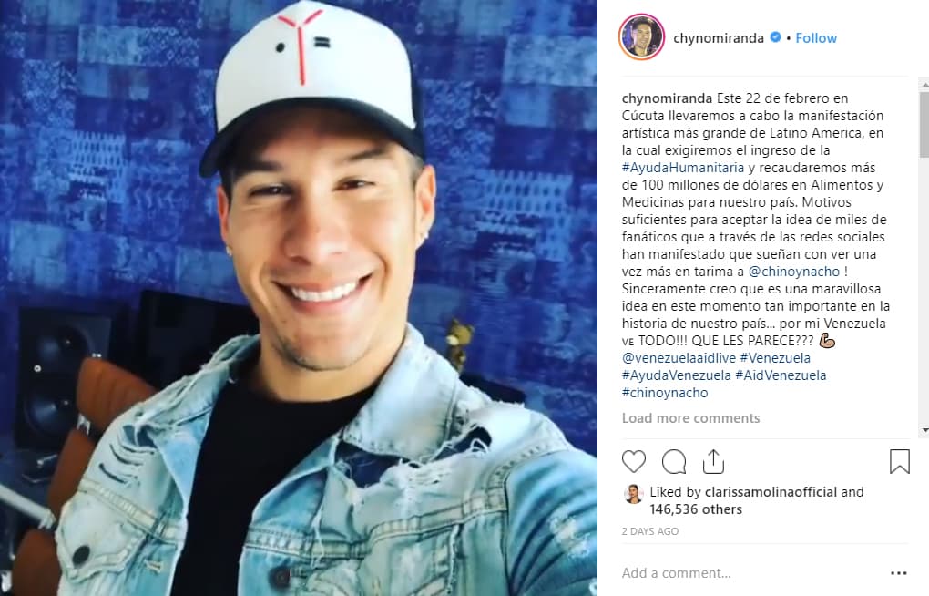 <b><a href="https://www.univision.com/famosos/lo-que-todos-esperaban-chyno-le-pide-a-nacho-unir-de-nuevo-sus-voces-en-el-concierto-por-venezuela-video">Fue el propio Chyno quien lo invitó a cantar juntos en el Venezuela Aid Live</a></b> a través de un video en Instagram: "¿Y por qué no? Si nos debemos al público. Entonces, Nacho vamos a cantarle una vez más a Venezuela, vamos a aprovechar ese escenario tan importante para gritarle al mundo que en la unión está la fuerza y que unidos somos más".